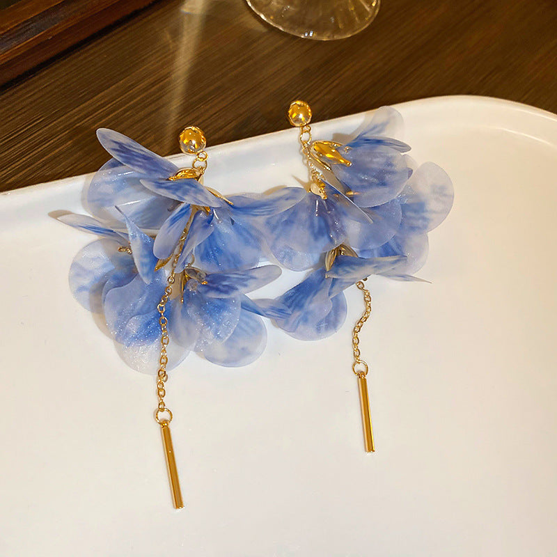 Resort Style Silver Needle Fabric Flower Tassel Earrings High-End Fashion Earrings Bohemian Sweet Exaggerated Ear Jewelry