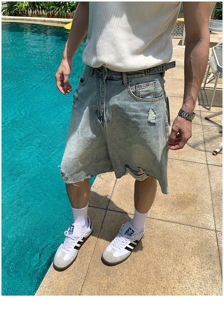 American Style Retro Washed Distressed Denim Shorts for Men Summer Cool Casual Loose Wide-Leg Five-Point Shorts
