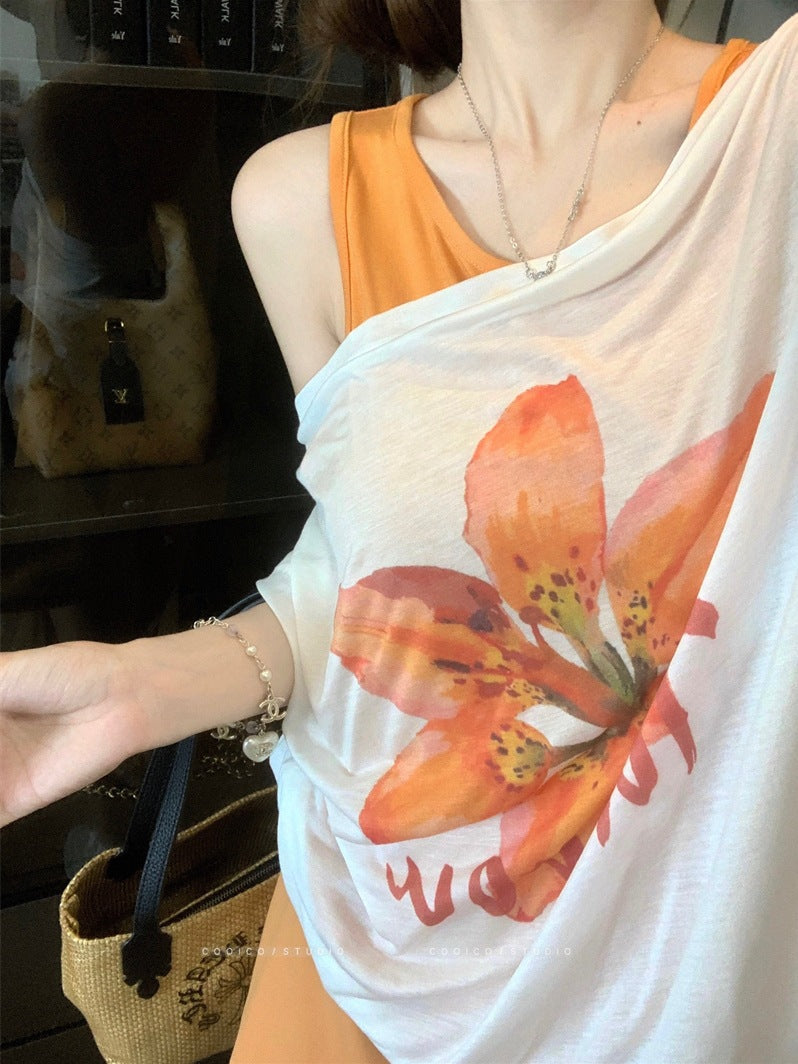 Korean style sweet floral letter print short sleeve T Women's Summer T-shirt2025New off-shoulder design casual top