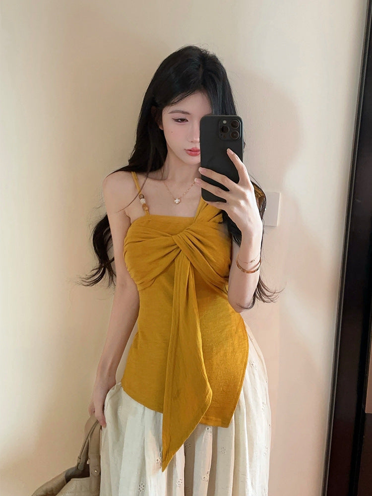 Pure Desire Hot Girl Off-Shoulder Twist t Women's T-shirt2025Summer New Slim Fit Fashionable Unique Design Top