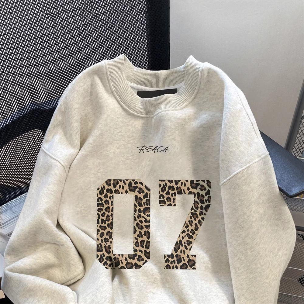 2025New Super Hot Lazy Style Leopard Print Digital Sweatshirt for Women Loose Fit Couple Versatile Long Sleeve Top Trendy