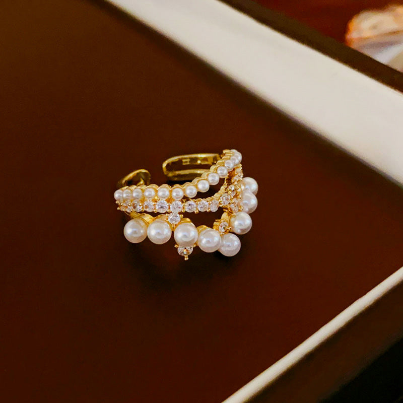 Real Gold Plated Baroque Pearl Tulip Flower Open Ring Korean Fresh Sweet Forest Style Light Luxury Jewelry