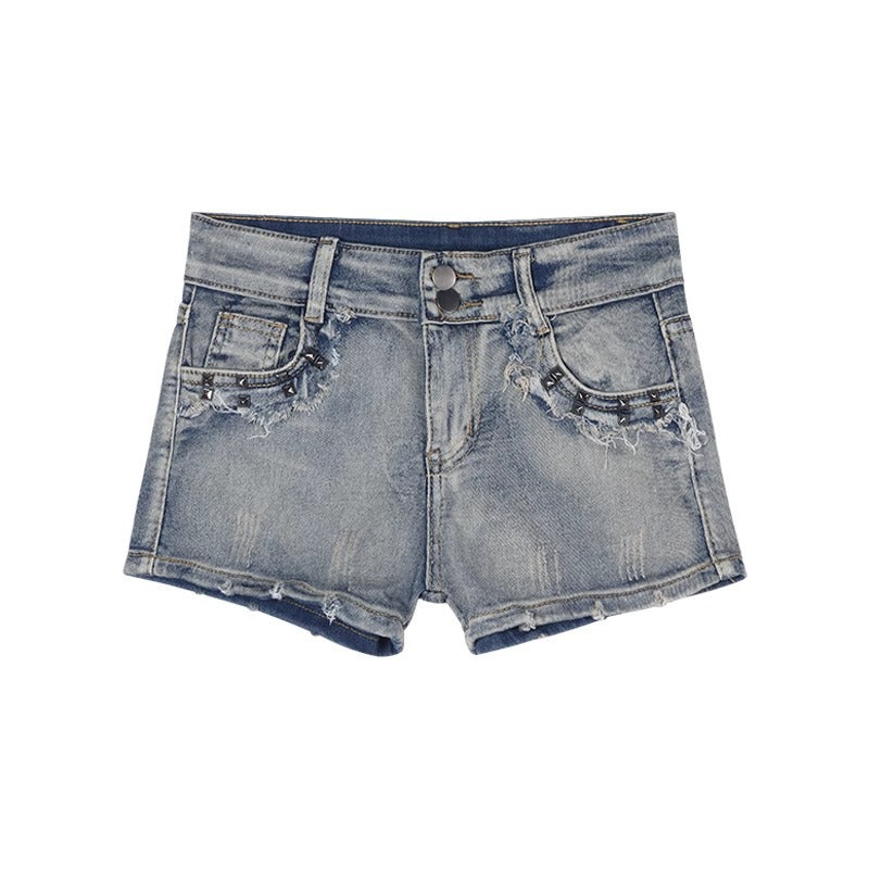 Muzi Nana American Style Spicy Girl Low Waist Denim Ultra Short Pants for Women2024New Tight-Fitting Hip-Hugging Hot Pants Blue Frayed Edge