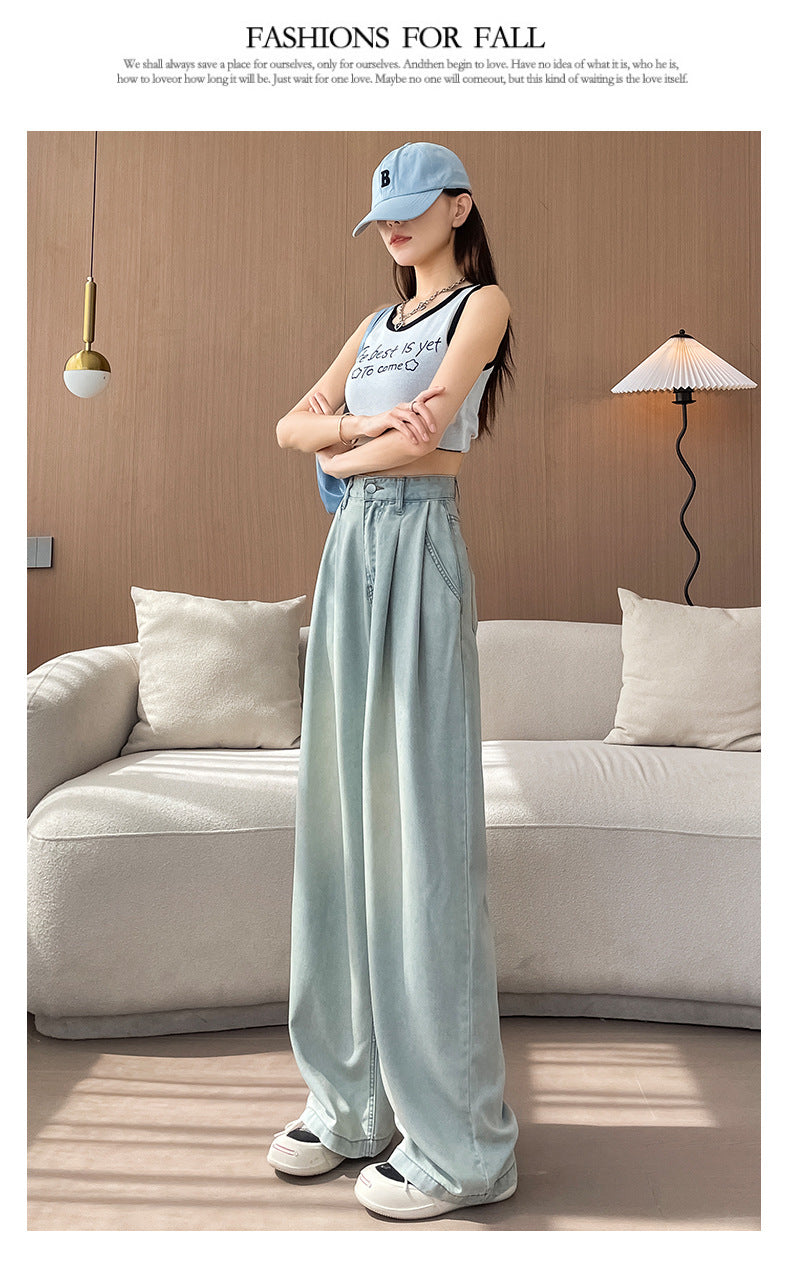 Light Color Tencel Wide Leg Jeans Women Summer Thin High Waist Draped Slimming Design Sense Ice Silk Straight Floor Length Pants