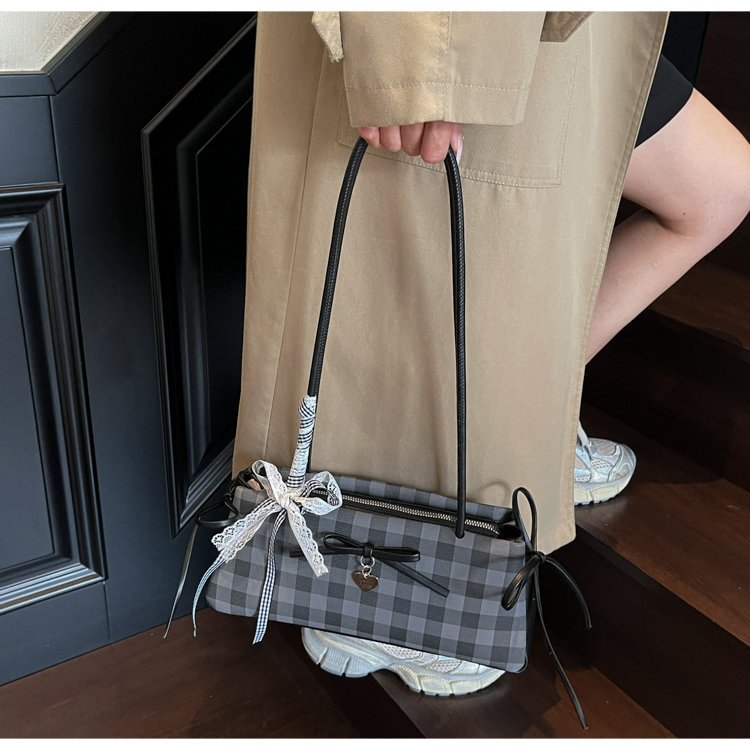 Dopamine Plaid Handbag Small Tote Bag for Women Summer2025New Ballet Style Bow Baguette Bag Underarm Bag Trendy