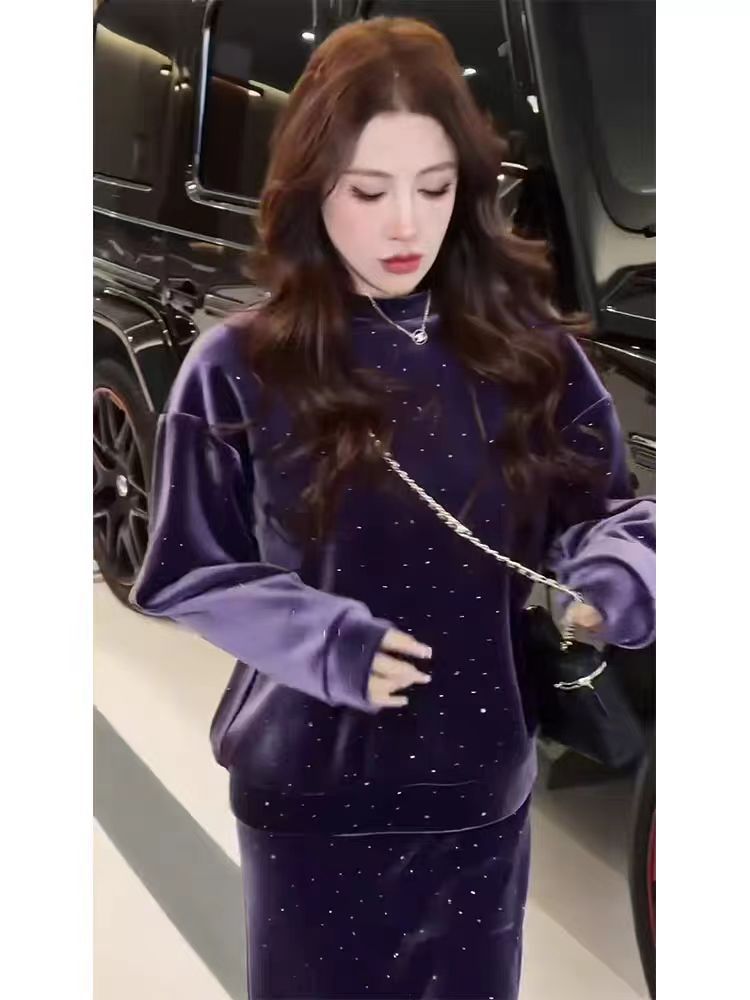 Spring High-End Exquisite Luxury Style Little Chanel Purple Sequin Velvet Dress Set