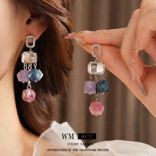 Silver Needle Inlaid Diamond Square Crystal Pendant Earrings Fashion European and American Exaggerated Earrings Light Luxury High-end Niche Earrings for Women