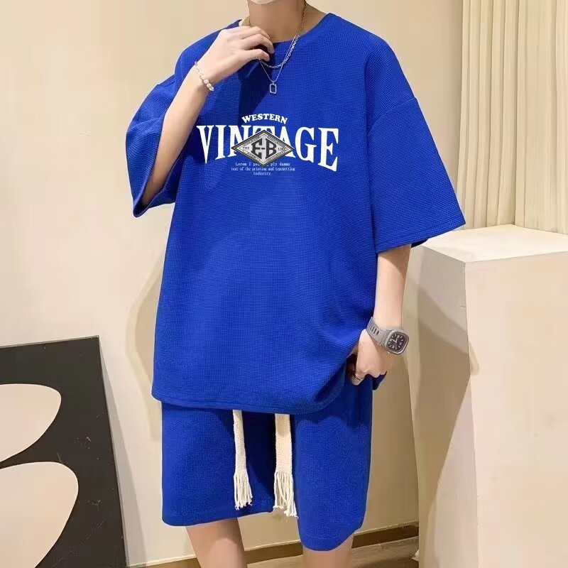 Summer Teenage Suit Boys Short Sleeve T T-shirt Short Sleeve New Style High School Student Trendy Casual Sports Two Pieces