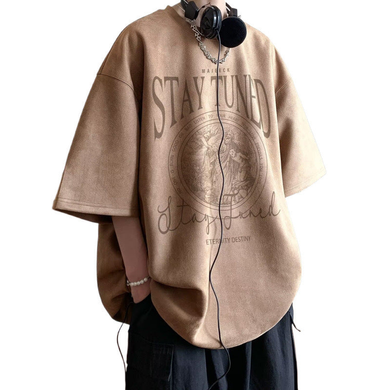 2025New Faux Suede Short Sleeve Men's Summer New American Style Heavyweight Trendy Loose Half Sleeve T Trendy Five-Sleeve Shirt