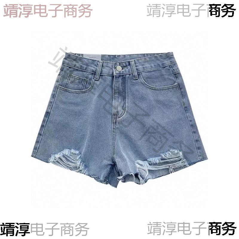 Summer Women's Korean Style New Loose Slimming Wide-Leg Hot Pants High-Waist Fashion Ripped Frayed Denim Shorts