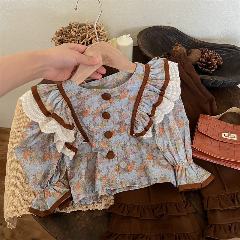 Sweet Little Girl Autumn Outfit Set New Fashionable Retro Autumn Children's Flared Pants Autumn Style Internet Celebrity Children's Clothing