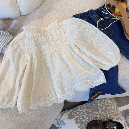 Sweet Little Sister Children's Shirt Autumn New Korean Version Children's Clothing Baby Girl Cute Lace Embroidery High-end Doll Shirt