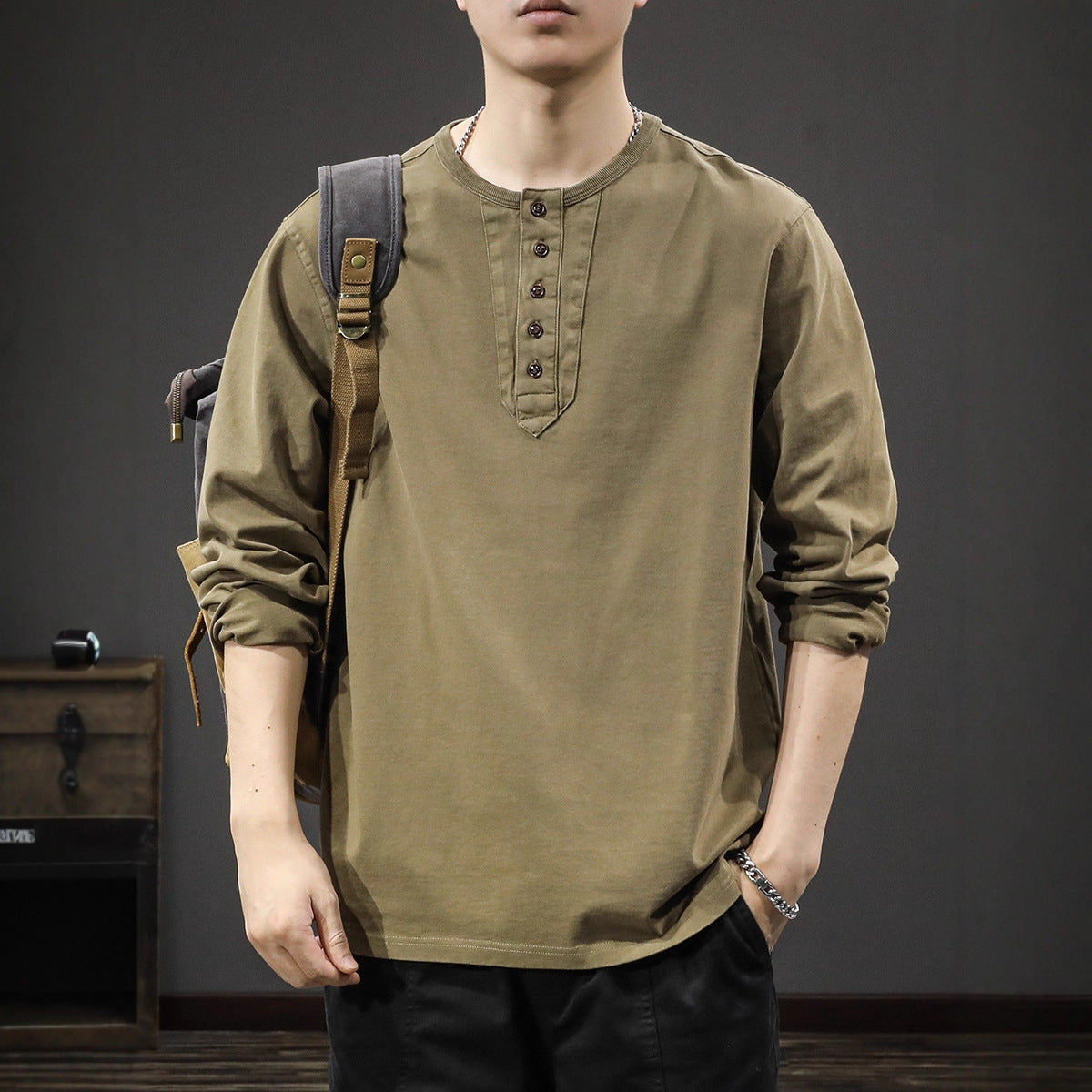 2025New casual men's pure cotton long sleeves t Loose Thin Spring Autumn Trendy Brand Henley Collar Base Shirt Sweatshirt