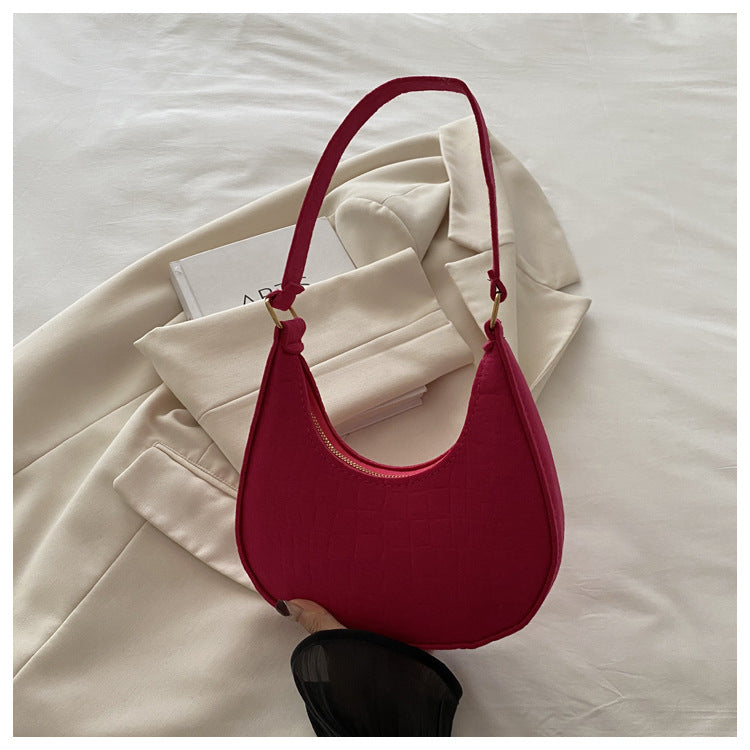 Solid Color Elegant Women's Bag2024Trendy Korean Style Autumn Winter New Stone Pattern Underarm Bag Casual Shoulder Handbag