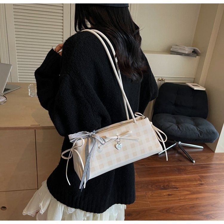 Dopamine Plaid Handbag Small Tote Bag for Women Summer2025New Ballet Style Bow Baguette Bag Underarm Bag Trendy