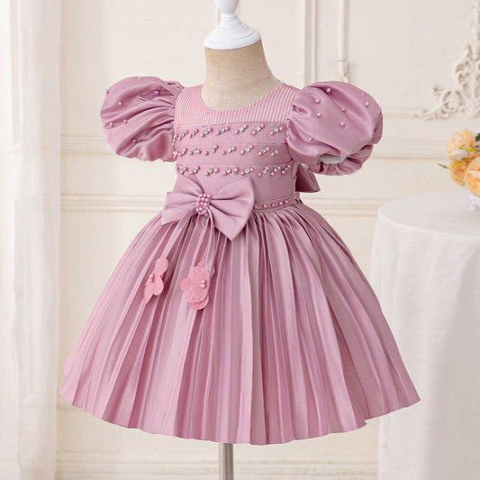 Birthday Party Evening Dress Puff Sleeve Girl Princess Dress Baby Pearl