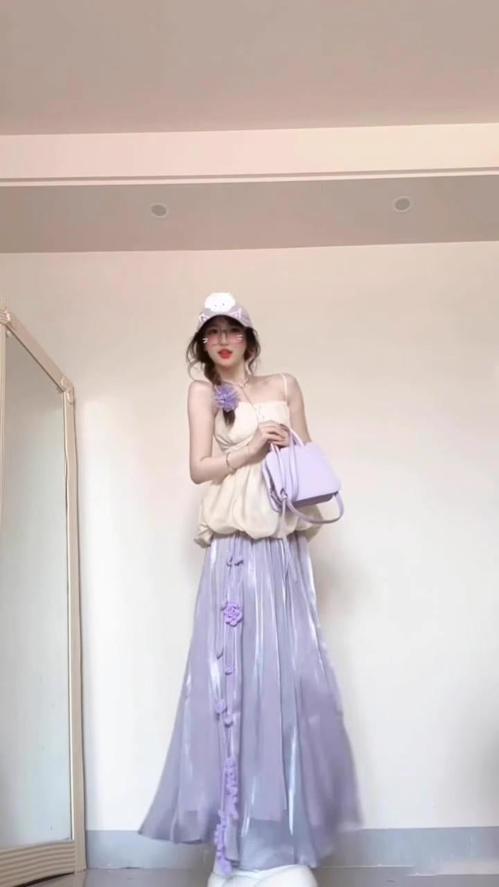 Pure Desire Sweet Spicy Girl Set for Women Summer Flower Bud Strap Top Outfit Purple Stunning Half Skirt Fashion Two-Piece Set