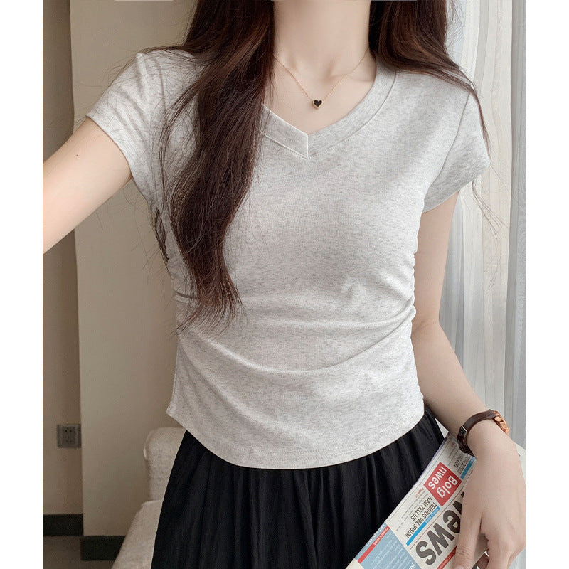 White Slim Fit Ruched t Women's Summer T-shirt2024New design with a structured shoulder and waist-cinching effect for a slimming look V Collar Short Sleeve Top