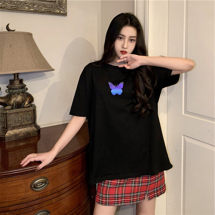 Summer2025New Year's Trendy Internet Celebrity Couple Outfit Reflective Butterfly Short Sleeve t Women's Summer T-shirt ins Super Popular Short Top
