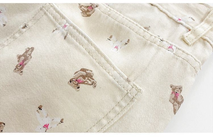 Yuejiaoer Original American Style Cartoon Bear Print Jeans for Women New Flared Loose Straight Wide-Leg Floor-Length Pants
