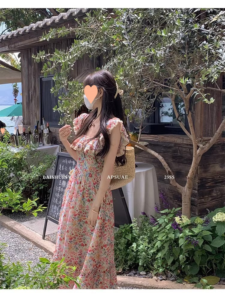 Floral Square Neck Slim Fit Women's Dress for Beach Vacation Casual Long Dress