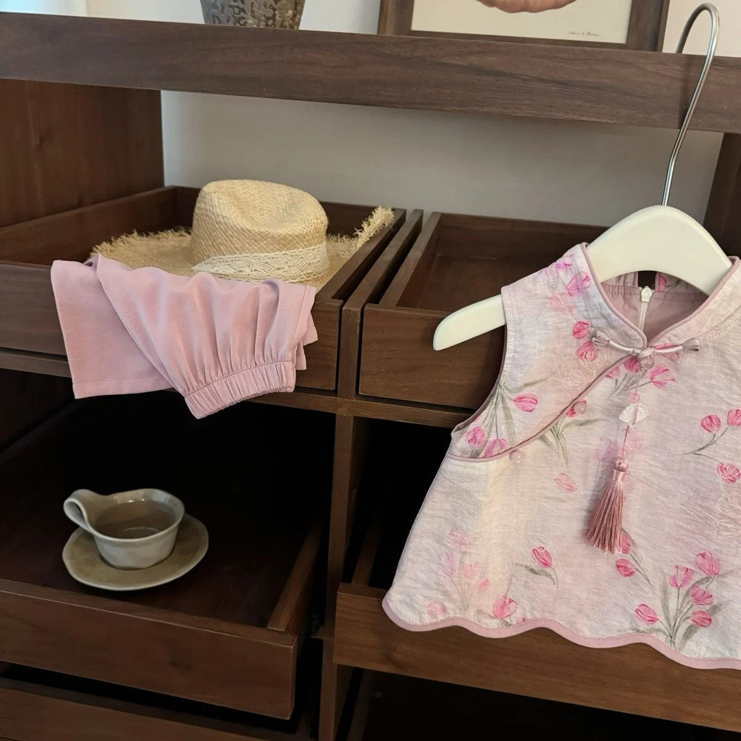 【Sweet Little Chef】Drunk Peach Blossom!Baby Girl New Chinese Style Pink Jacquard Cheongsam Straight Pants Fashionable Set
