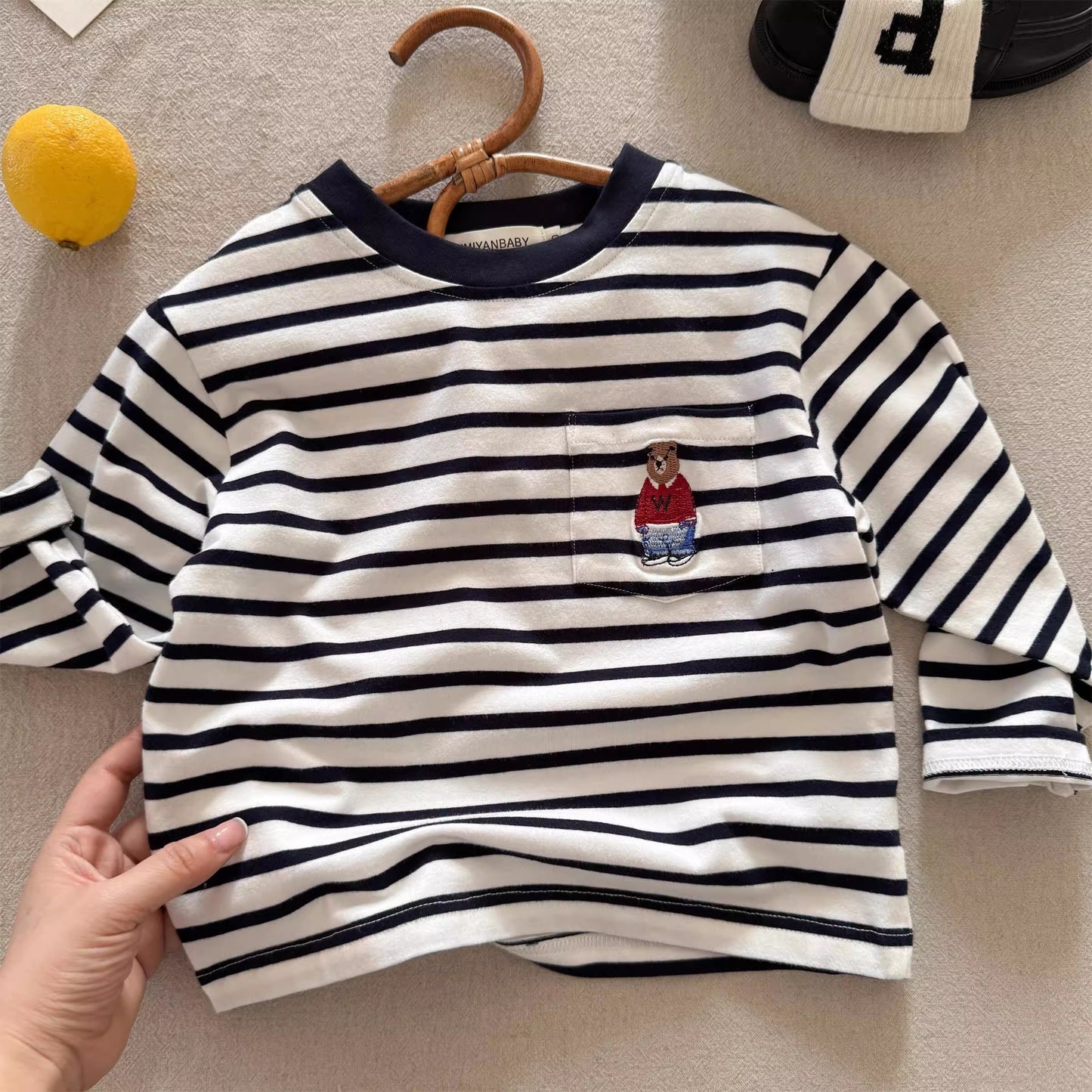 Sweet Little Chef Children's Long Sleeve T Autumn Boys' Japanese Style Bear Base Shirt Baby Toddler Striped Inner Layer Top