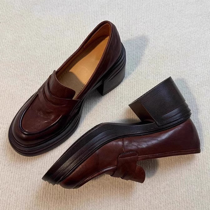 Soft Leather Version~Lancui Thick-Soled Chunky Heel Loafers for Women, Retro Style, Height-Increasing Slip-On Simple Leather Shoes for Petite Women