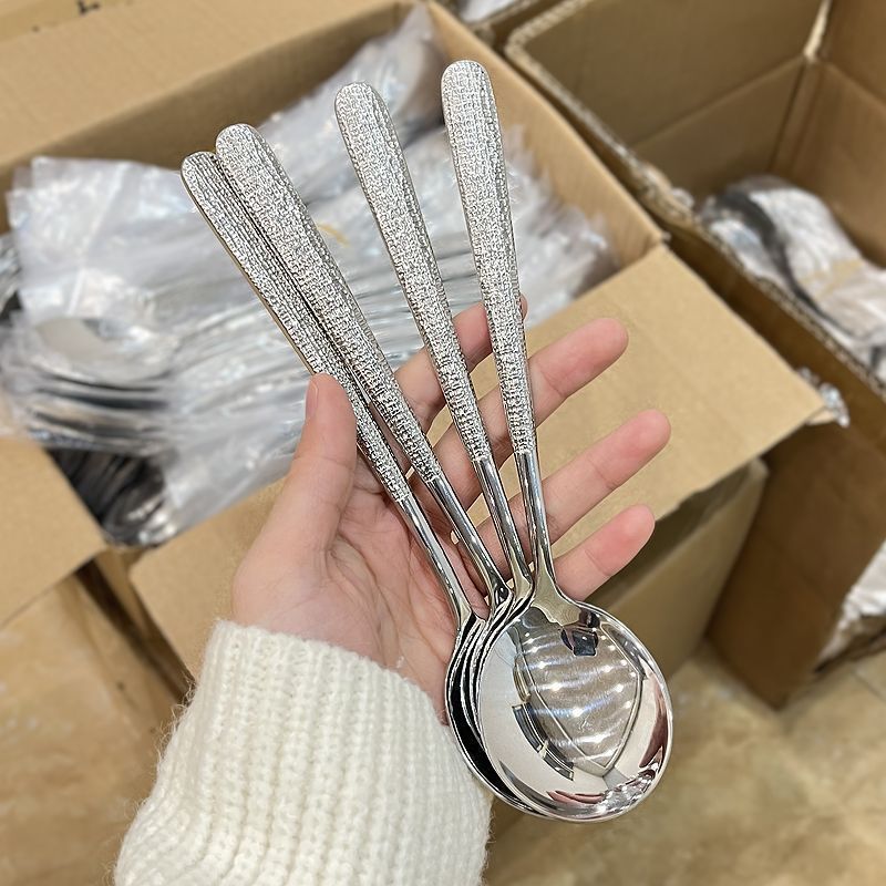 Korean Style Ice Pattern Spoon Soup Spoon Stainless Steel Hammered Long Handle Spoon Dining Western Soup Spoon Student Spoon Adult Rice Spoon