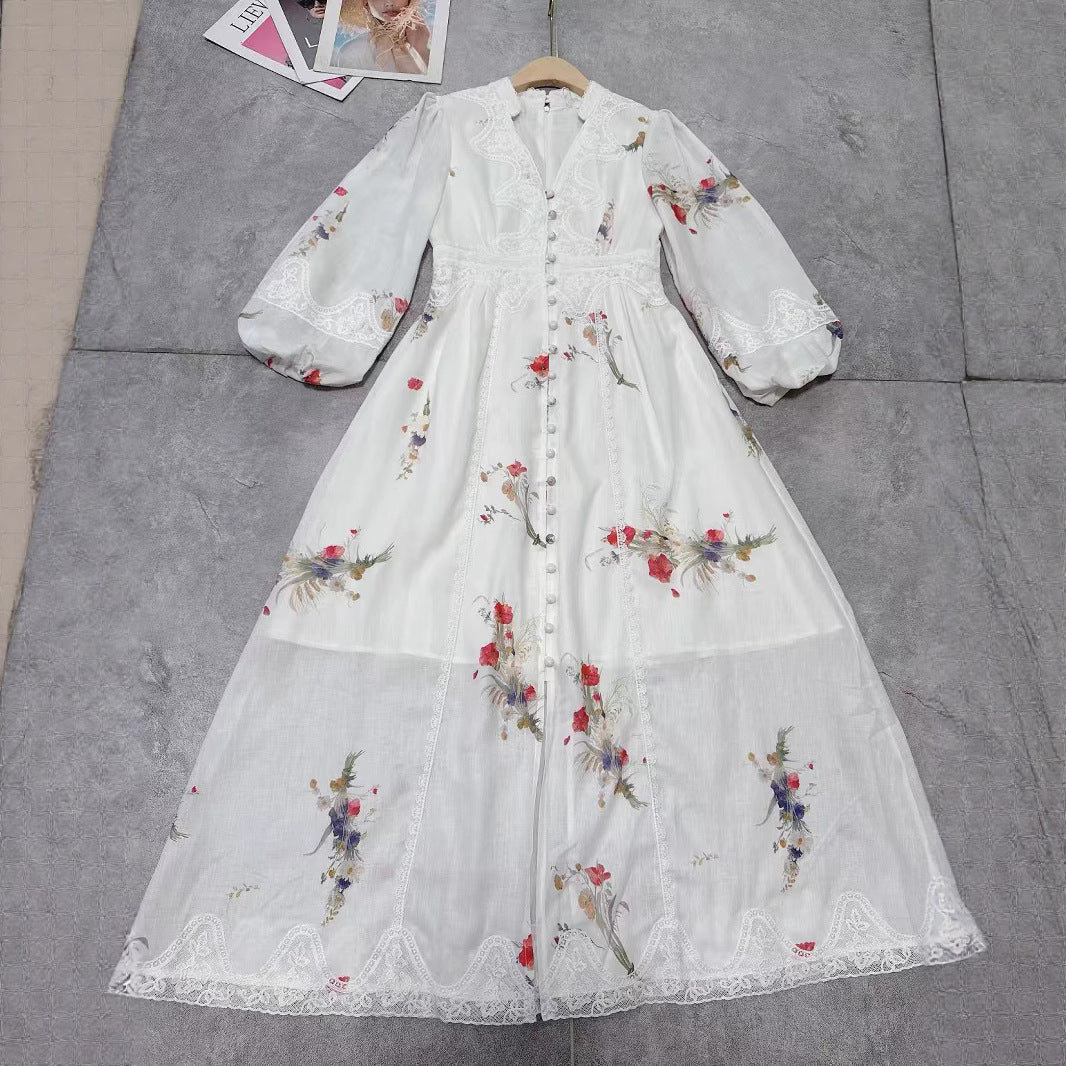 2025Spring and Summer European and American Cross-Border Palace Retro Style V Collared Waist Lantern Sleeve Printed Long Dress for Women