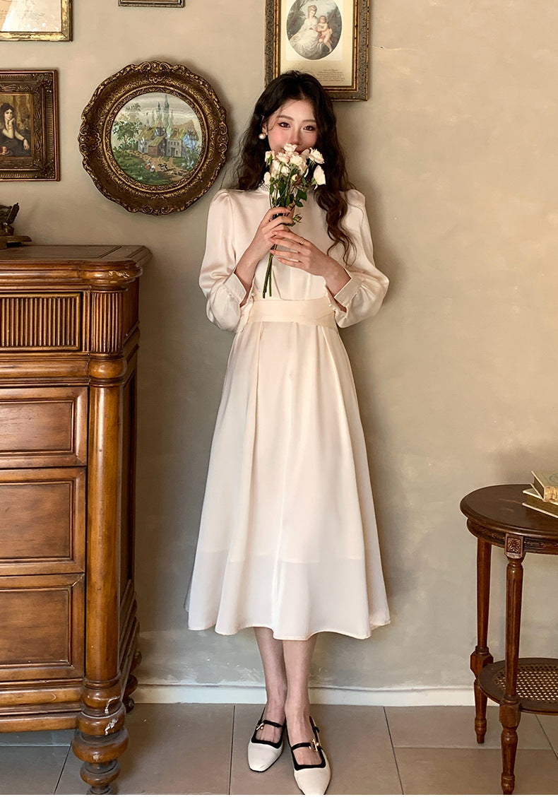 French A Line skirt2025Spring and Summer New Women's Long Sleeve Dress Waist Slimming Elegant Acetate Satin Long Dress
