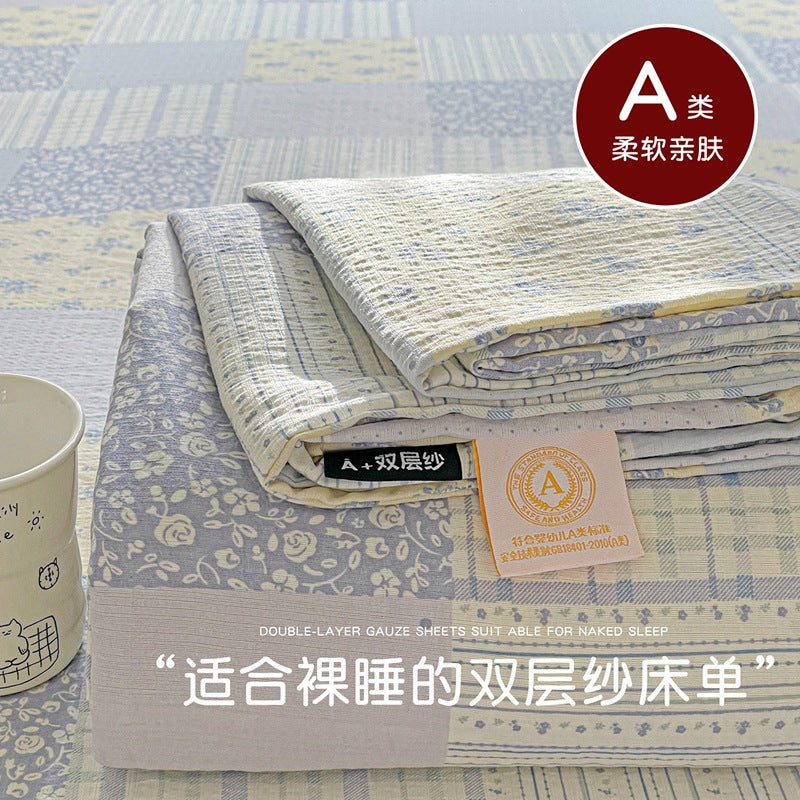 a Double-layer Gauze Bed Sheet Single Piece Fresh Style A Summer-style Naked Sleep Pillowcase Single Double Student Dormitory Three-piece Set