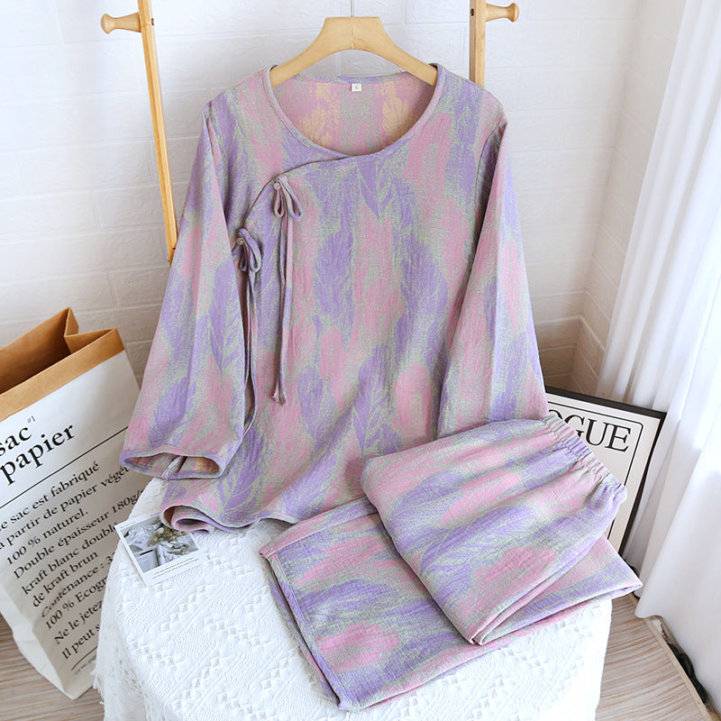 Yarn-Dyed Women's Thin Cotton Jacquard Feather Retro Chinese Style Spring Summer Homewear Loose Pajama Set Dropshipping