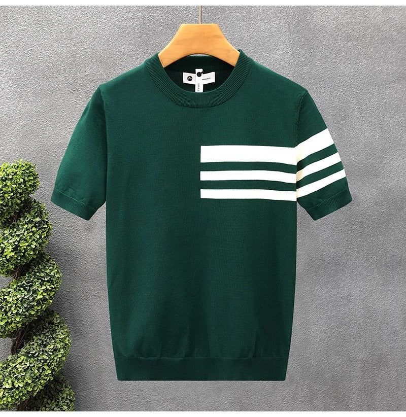 2025New Short Sleeve Knitted Shirt for Men, Striped, Simple, High-End Business, Mature, Slim Fit, Ice Silk T Men's Shirt