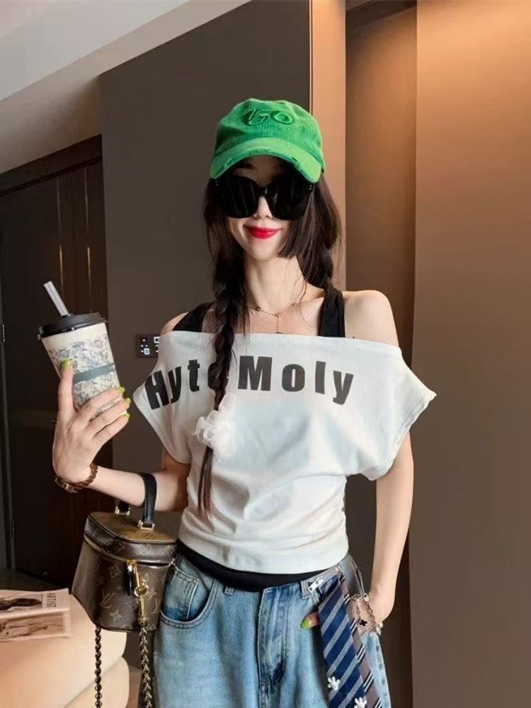 Fashionable Design Letter Print Off-Shoulder Halter Neck Short Sleeve T Women's T-shirt2025Summer New Slimming Short Top