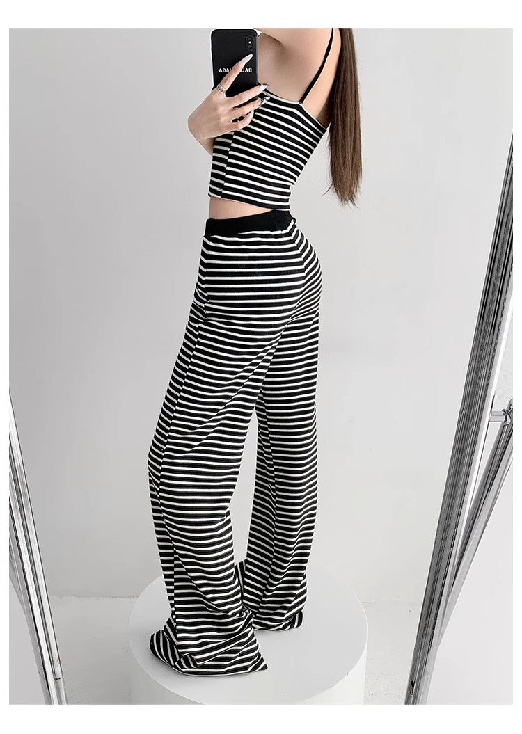 Home Lazy Relaxed Striped Slimming Wide-Leg Pants for Women Summer Hot Girl Fashion Camisole Vest Casual Two-Piece Set