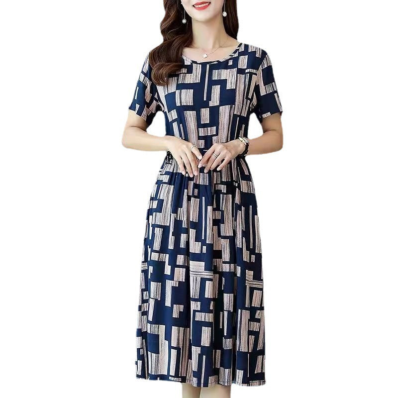 Cross-Border Summer Plus Size Short Sleeve Dress Women Printed Waist Slimming Mid-Length Elegant Dress Trendy