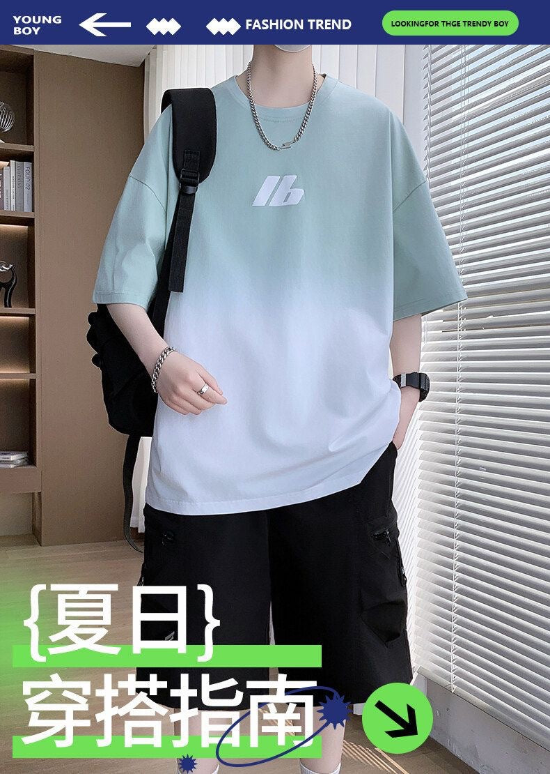 2025Summer New Men's Youth Casual Stylish Trendy Loose Short Sleeve T Shirt Gradient Color for Middle and High School Students