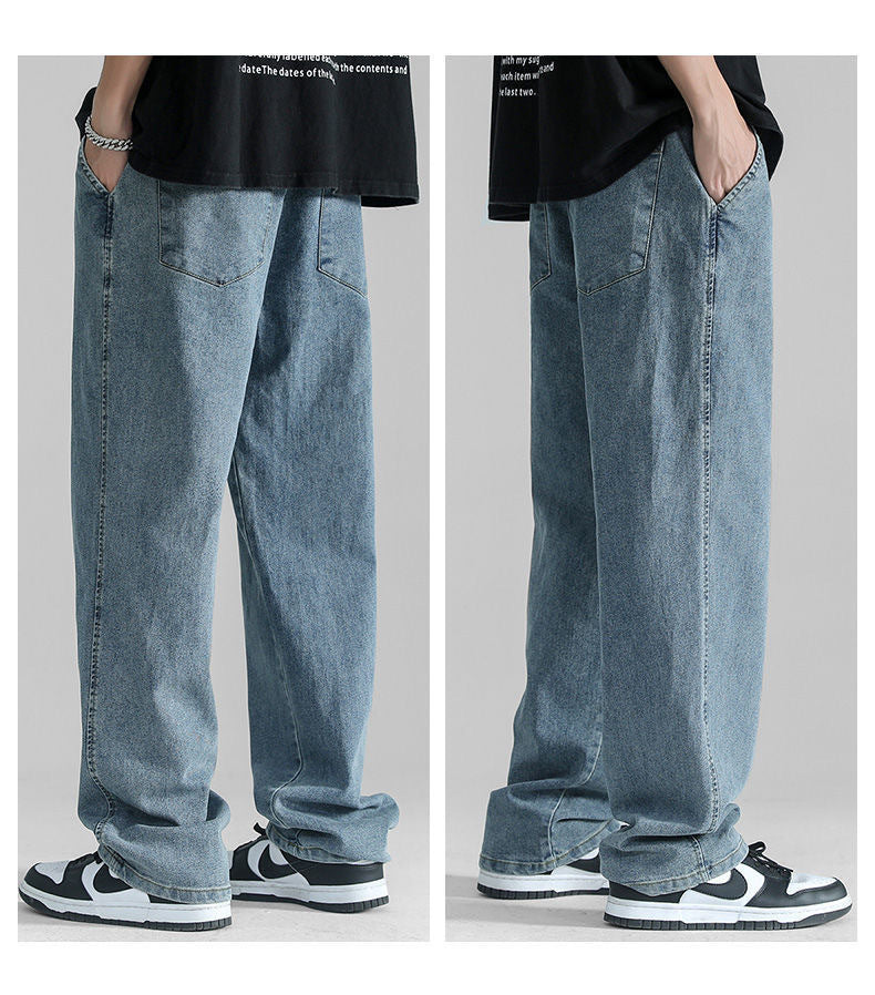 Vintage Jeans Men Summer Thin Loose Straight Versatile Trendy Brand Hong Kong Style Wide Leg Casual Long Pants