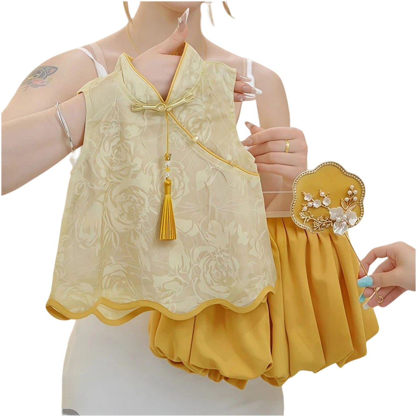 Sweet Little Girl Chinese Style Outfit2025Summer New Style Baby Girl New Chinese Style Summer Outfit Children's Hanfu Two-Piece Set