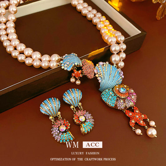 Medieval vintage Necklace with Inlaid Diamonds, Oil Drop Shell Conch Pearl Necklace, Exaggerated Vintage Jewelry Manufacturer Wholesale