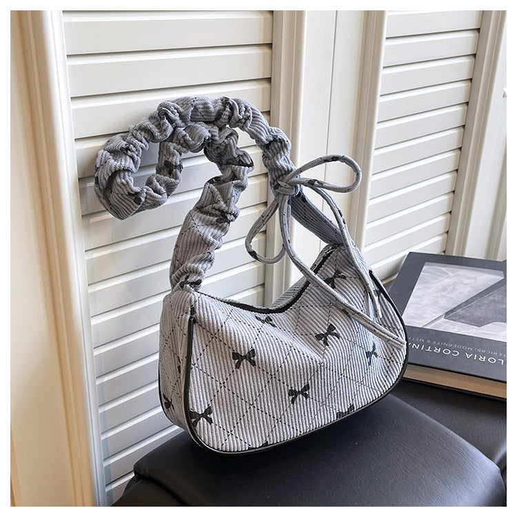 Sweet Bow Plaid Single Shoulder Underarm Crescent Bag2024Autumn new simple casual large capacity handbag