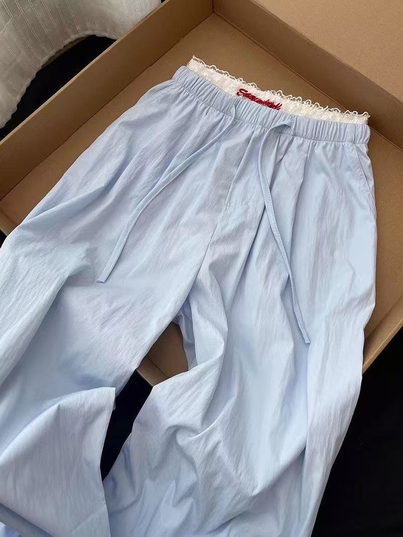 Korean Style hiphop Blue High-Waisted Casual Pants for Women, Spring and Summer Loose Fit, Student Design, Niche Ballet Style Wide-Leg Pants