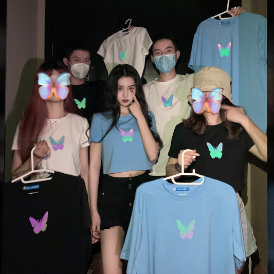 Summer2025New Year's Trendy Internet Celebrity Couple Outfit Reflective Butterfly Short Sleeve t Women's Summer T-shirt ins Super Popular Short Top