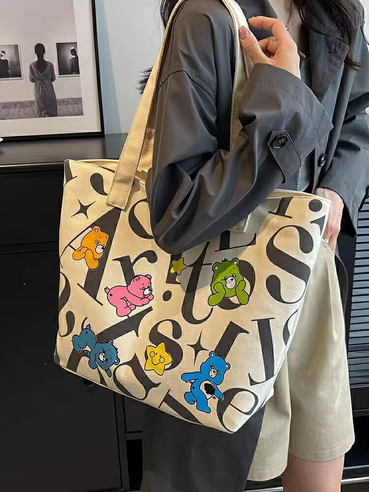 Student Canvas Bag for Women, Large Capacity Tote Commuter Bag, Versatile Printed Mommy Bag, Handheld Shoulder Bag, Shopping Bag for Women