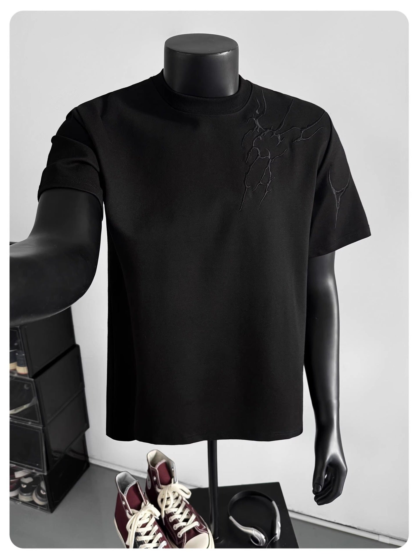 Lightning Embroidered Short Sleeve t Men's Summer New Loose American Retro High Street Round Neck Half Sleeve T-Shirt