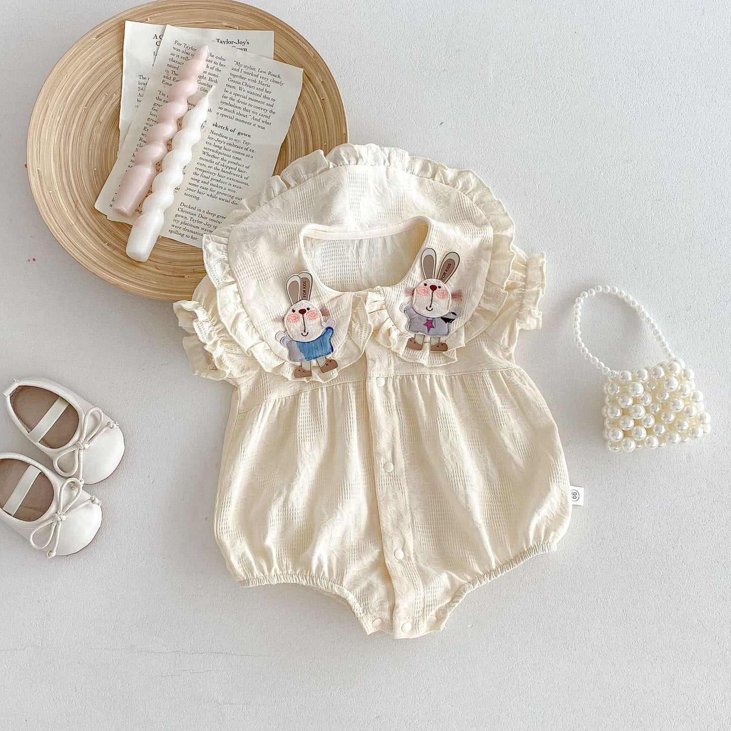 2025New Pure Cotton Girls Summer Clothes Sleeve Three-dimensional Rabbit Doll Collar Lace Baby Harness Fashionable Princess Climbing Clothes