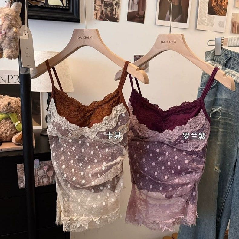 Lace Patchwork Mesh Fake Two-Piece Design Camisole with Chest Pads for Women, Slim Fit, Wearable Outside Top for Hot Girls