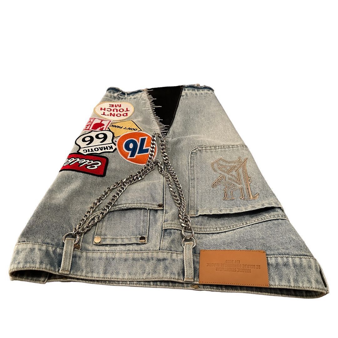 Cross-Border European and American Trendy Brand Printed Denim Shorts Men High Street Design Sense Straight Five-Point Pants Loose Versatile Mid-Length Pants Trendy