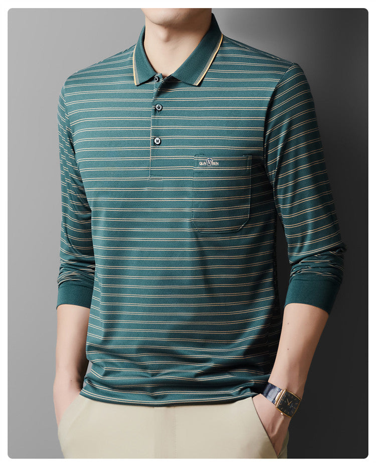 Autumn Men's Long Sleeve Cotton t Shirt for Middle-aged Dad Autumn Outfit with Turn-down Collar and Stripes POLO Base Layer Shirt T Grandpa's clothes